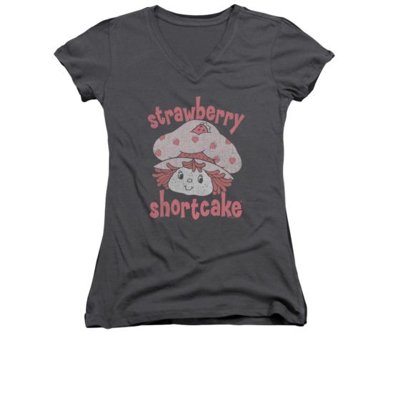 Strawberry Shortcake Shirt Juniors V Neck Big Head Charcoal Tee T-Shirt