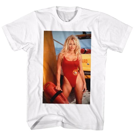 Baywatch Shirt Pam Next To Surfboard White T-Shirt