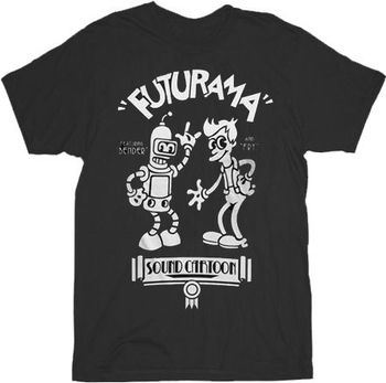 Futurama Old Timey Bender & Fry Sound Cartoon Black Mens T-shirt