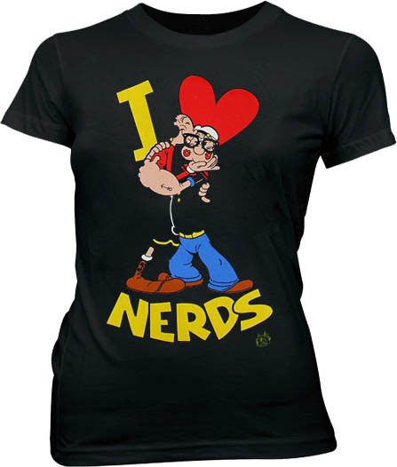 Popeye the Sailorman I Love Heart Nerds Black Juniors/Ladies T-shirt