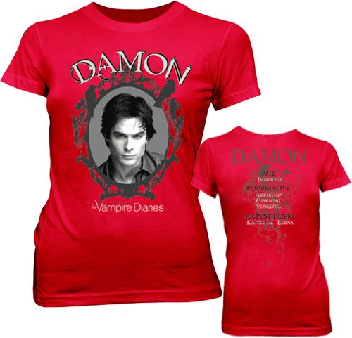 The Vampire Diaries Damon Filigree Stats Chili Red Juniors T-shirt