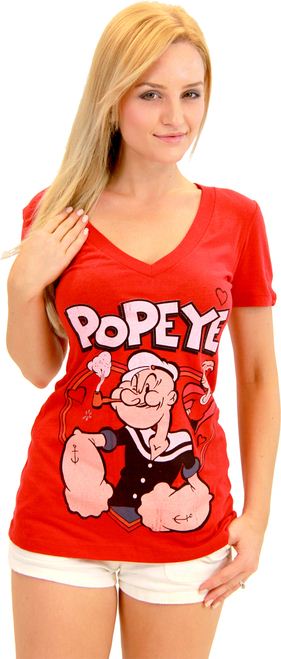 Popeye the Sailor Man Popeye Loves Olive Oyl Red V-Neck Juniors T-shirt