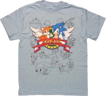 Sonic the Hedgehog Tails Title Screen with Line Art Youth T-Shirt
