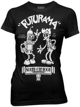 Futurama Old Timey Bender & Fry Sound Cartoon Black Juniors T-shirt