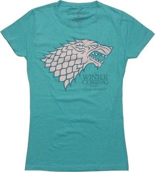Game of Thrones Stark Direwolf Sigil Winter is Coming Turquoise Baby Doll Tee