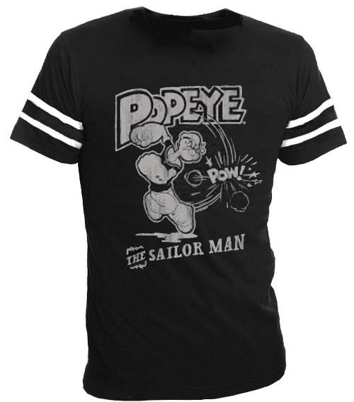Popeye the Sailorman Pow Black with Striped Sleeves Mens T-shirt