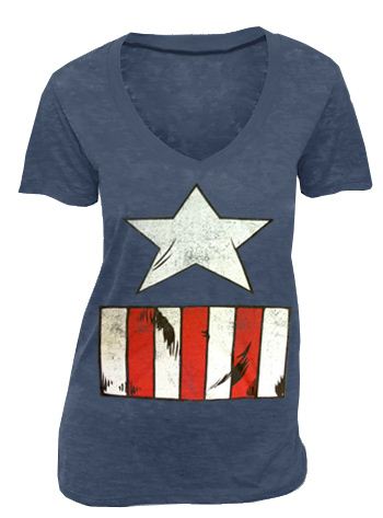 Captain America Costume Print Indigo Blue V-Neck Juniors T-shirt