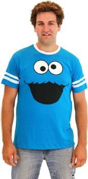 Sesame Street Cookie Monster Face With Striped Seeves Turquoise Blue T-shirt
