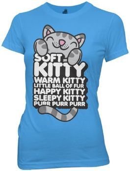 The Big Bang Theory Soft Kitty Hugging Letters Juniors Turquoise Blue T-Shirt