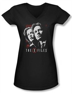 X-Files Shirt Juniors V Neck Mulder & Scully Black Tee T-Shirt