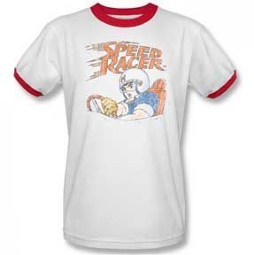 Speed Racer Distrerssed White with Red Ringers Adult T-shirt
