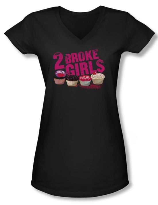 2 Broke Girls Shirt Juniors V Neck Cupcakes Black Tee Shirt