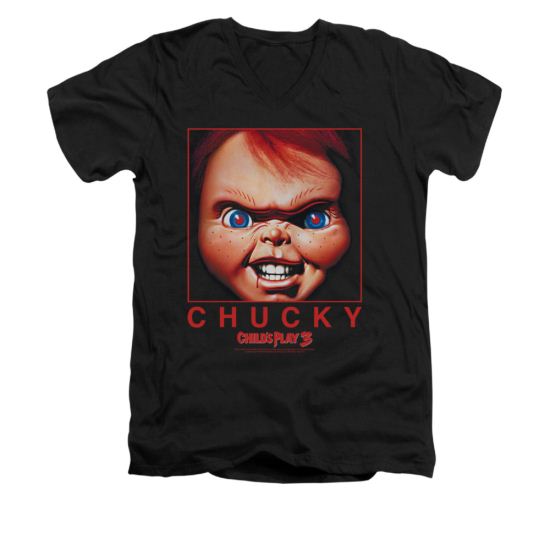 Child's Play 3 Shirt Slim Fit V Neck Chucky Squared Black Tee T-Shirt